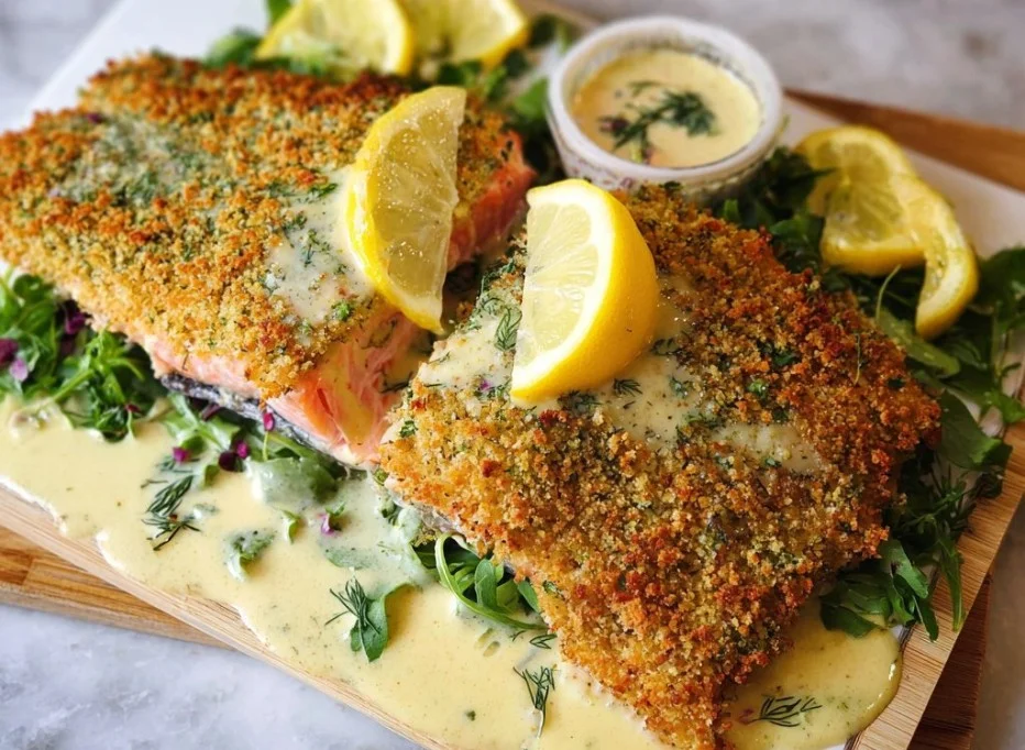 Baked Parmesan crusted salmon served with vegetables on a plate
