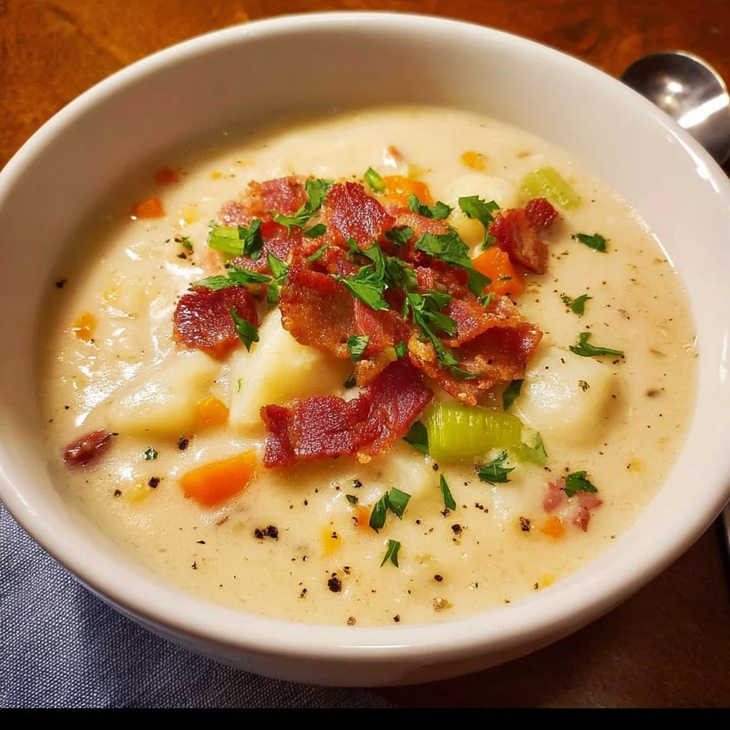 Bowl of Absolutely Ultimate Potato Soup with toppings