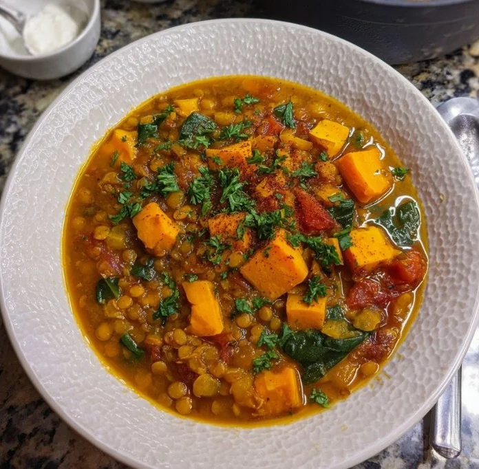 Bowl of anti-inflammatory lentil sweet potato stew garnished with herbs