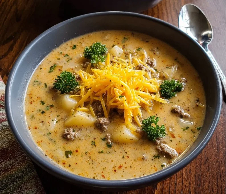 Cheesy high-protein beef and potato soup in a bowl