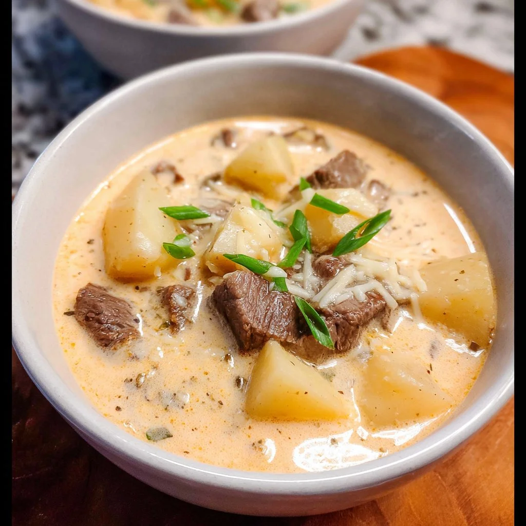 Bowl of creamy steak and potato soup with herbs and spices