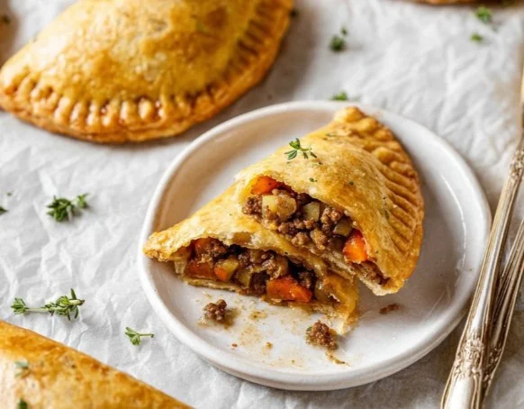 Delicious high-protein ground beef hand pies on a wooden serving board