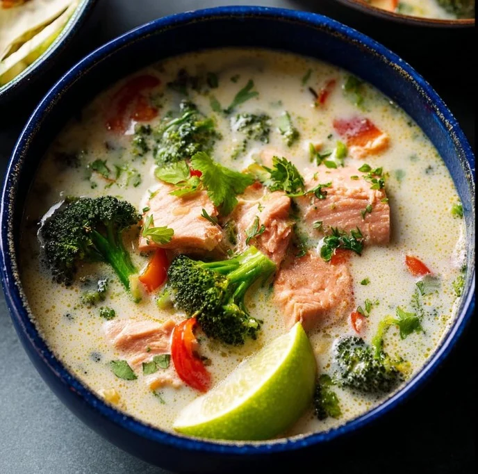 High-protein salmon coconut soup in a bowl garnished with herbs.