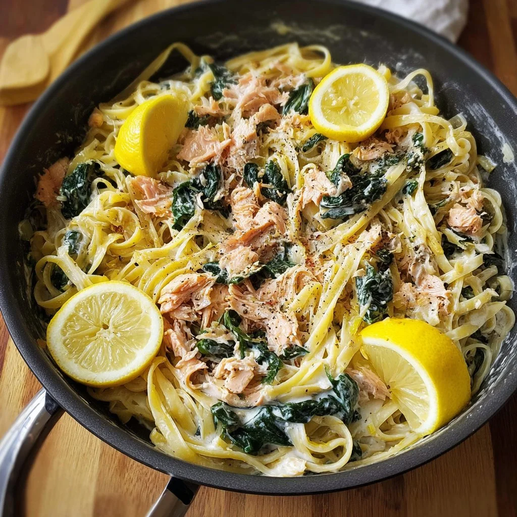 High-protein smoked salmon pasta dish served with herbs and garnishes.