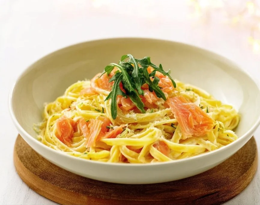 Creamy protein-packed smoked salmon linguine served in a bowl.