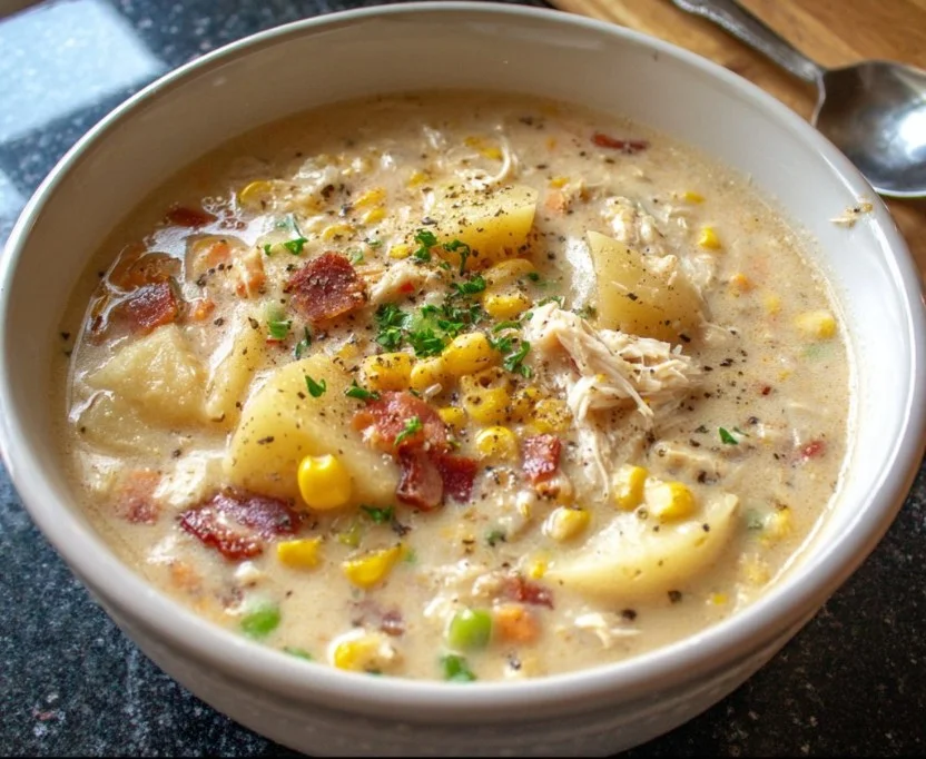 Delicious bowl of protein-rich one pot crab and corn chowder with herbs.