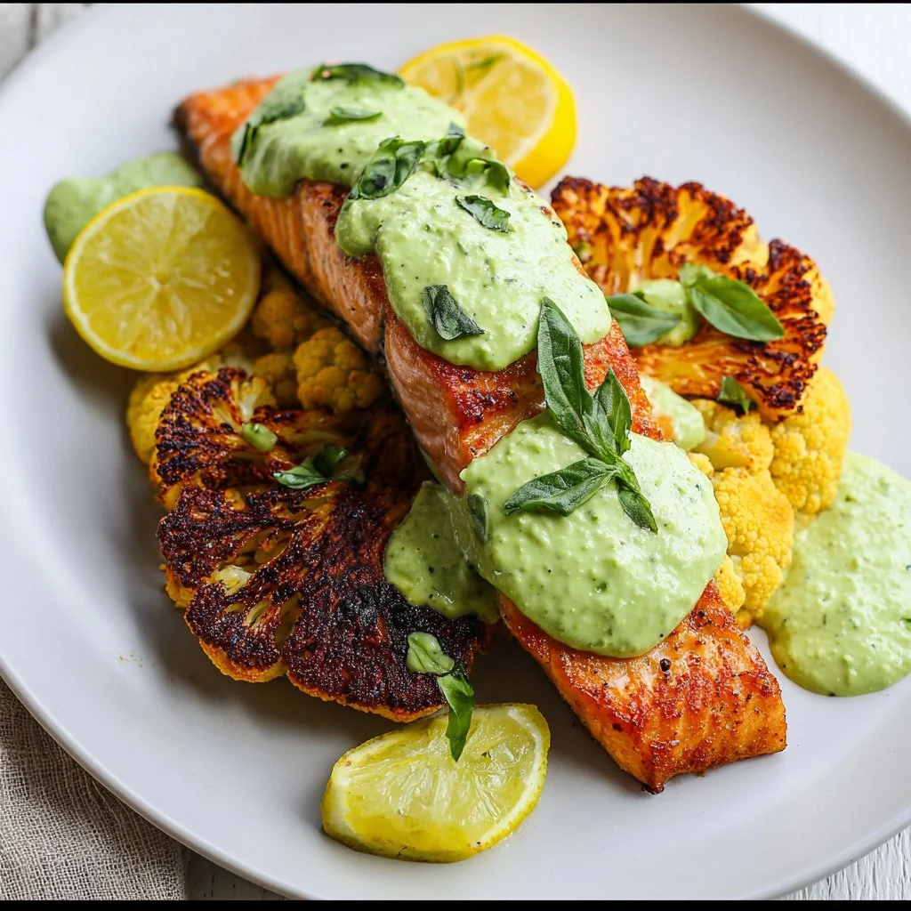 Plate of protein-rich salmon with creamy avocado sauce garnished with herbs