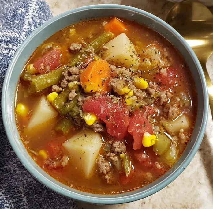 Bowl of protein-rich vegetable beef soup garnished with fresh herbs.