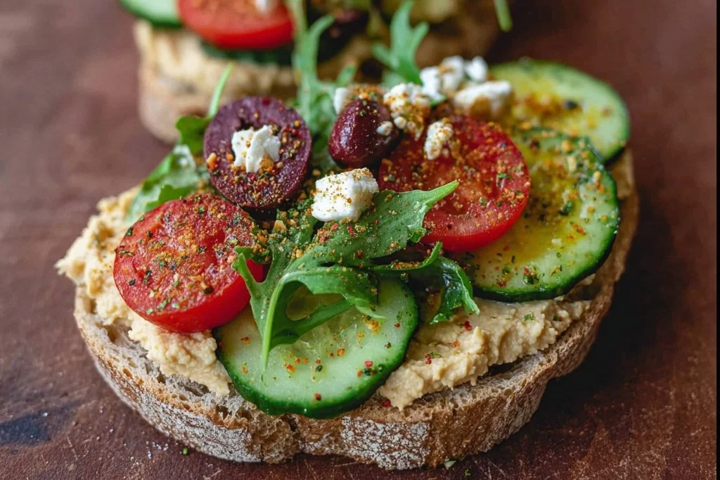 Mediterranean breakfast toast topped with fresh vegetables and feta cheese