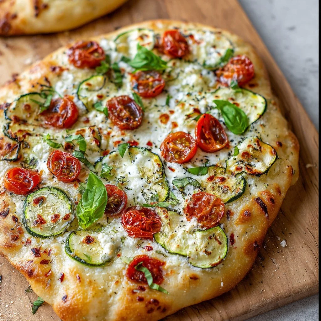 30-minute zucchini flatbread with herbed ricotta on a wooden table