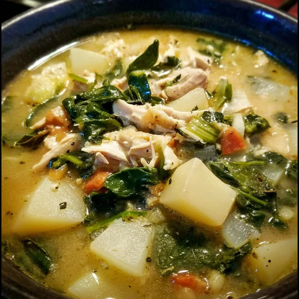 30g Protein Chicken Soup with spinach and potatoes in a bowl