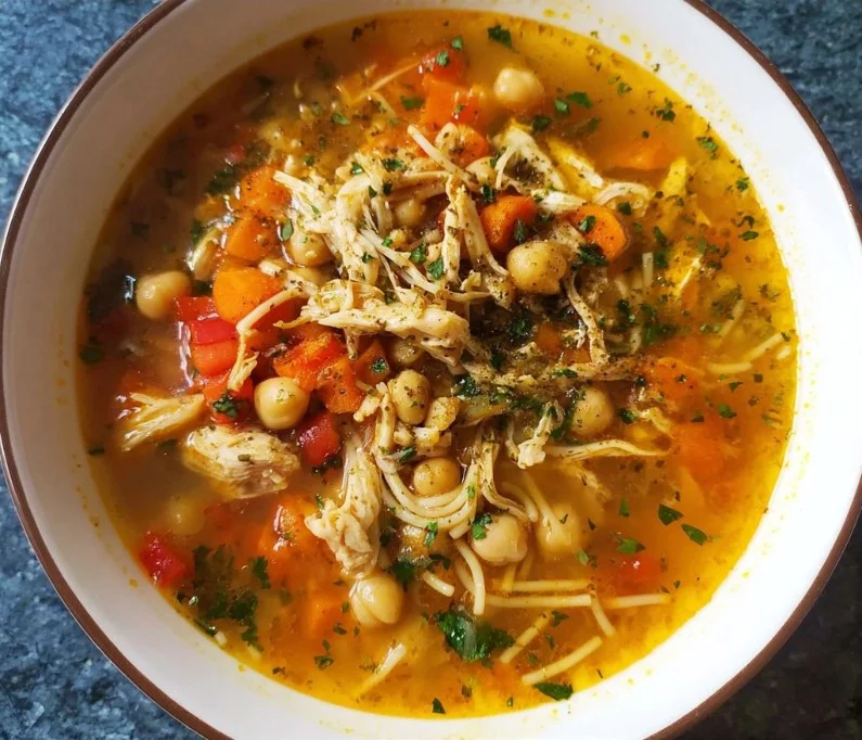 Bowl of chickpea chicken soup rich in protein and healthy ingredients