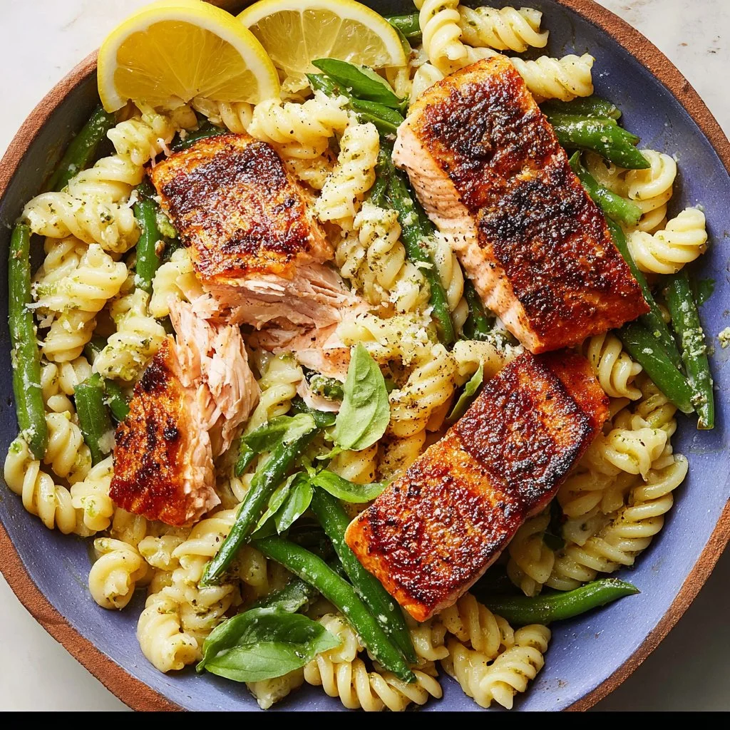 Healthy salmon pasta with 38g protein, made without cream for a flavorful meal.