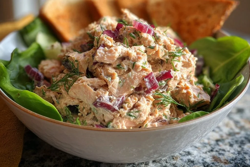 5-minute salmon salad with Greek yogurt, high in protein and healthy ingredients