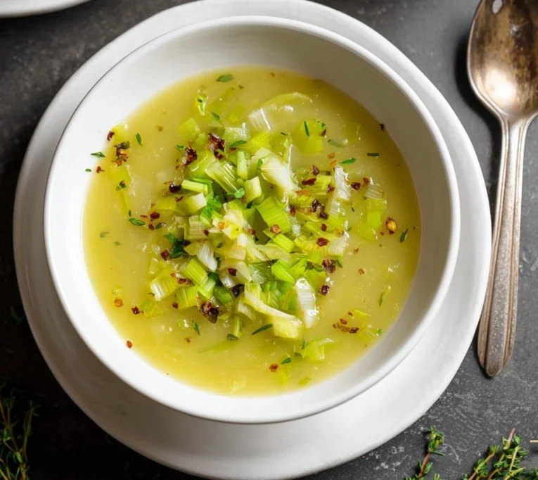 Creamy leek soup without potatoes in a bowl, garnished with fresh herbs
