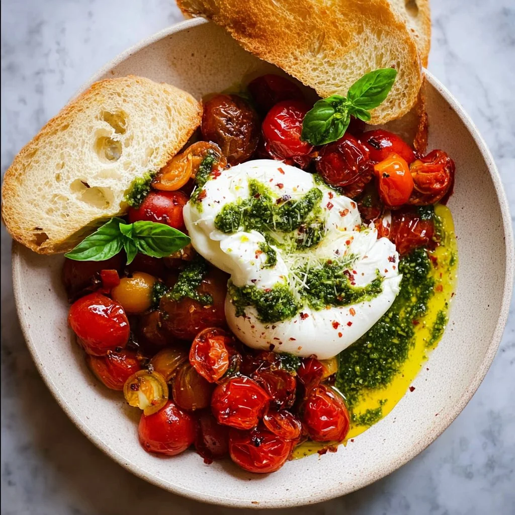 Bursting Tomato Burrata Salad with vibrant tomatoes and creamy cheese