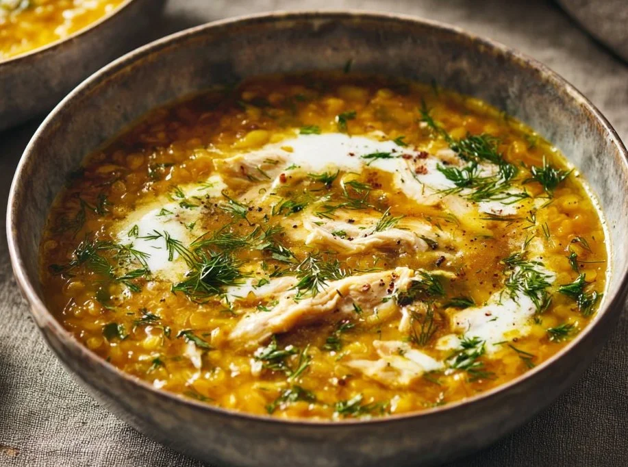 Chicken and red lentil soup garnished with lemony yogurt.