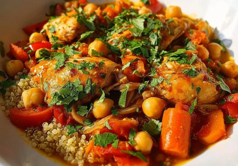 A bowl of flavorful chicken chickpea stew with vegetables and spices.