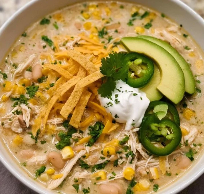 Bowl of creamy crockpot white chicken chili topped with fresh cilantro