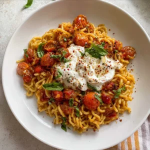 Easy Burst Tomato Burrata Pasta with fresh ingredients and creamy burrata cheese.