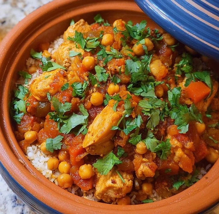 Crock Pot Moroccan Chicken with chickpeas and apricots in a savory tagine dish