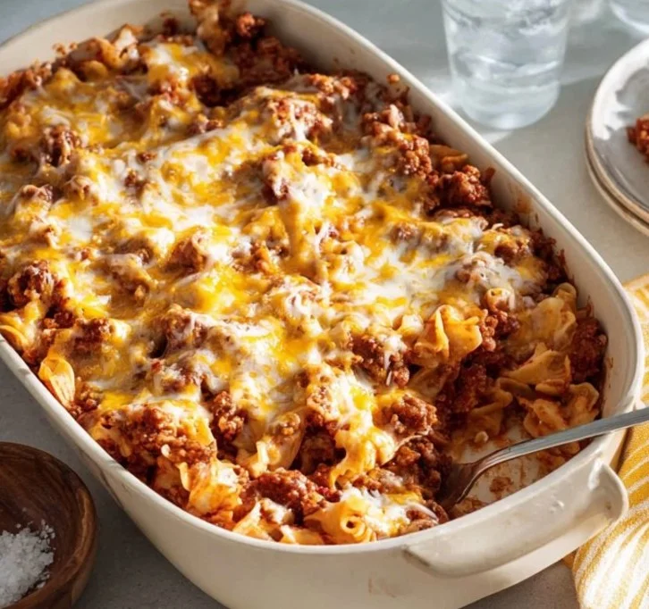 Delicious Grandma's Hamburger Casserole baked in a serving dish