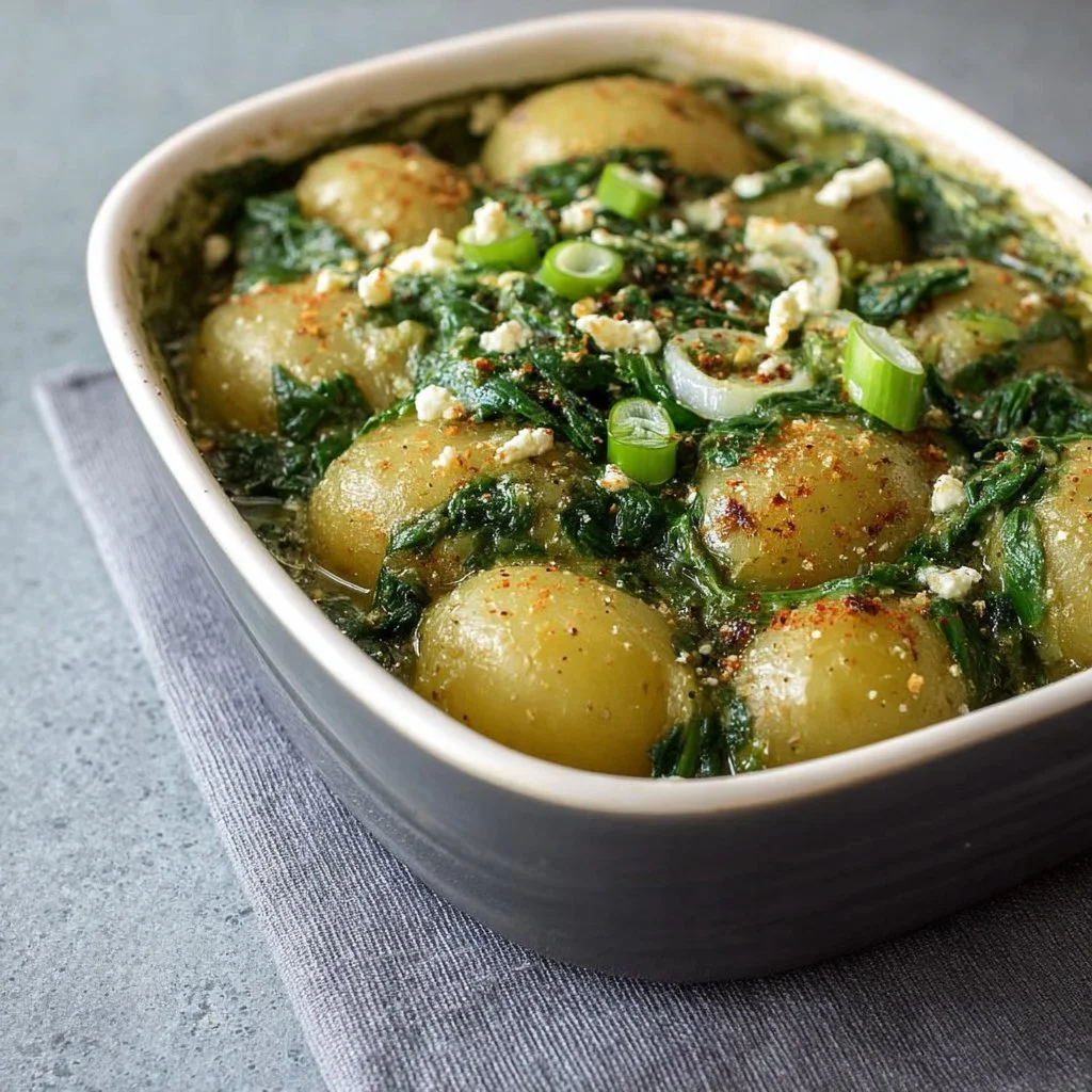 Delicious Greek feta and spinach potato casserole served in a rustic dish.