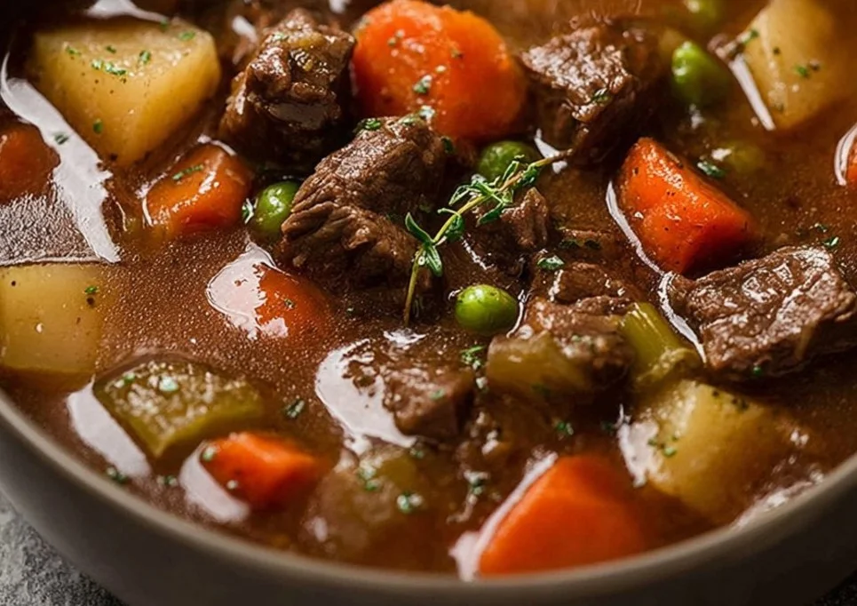 Bowl of high-protein vegetable beef soup with colorful vegetables and tender beef