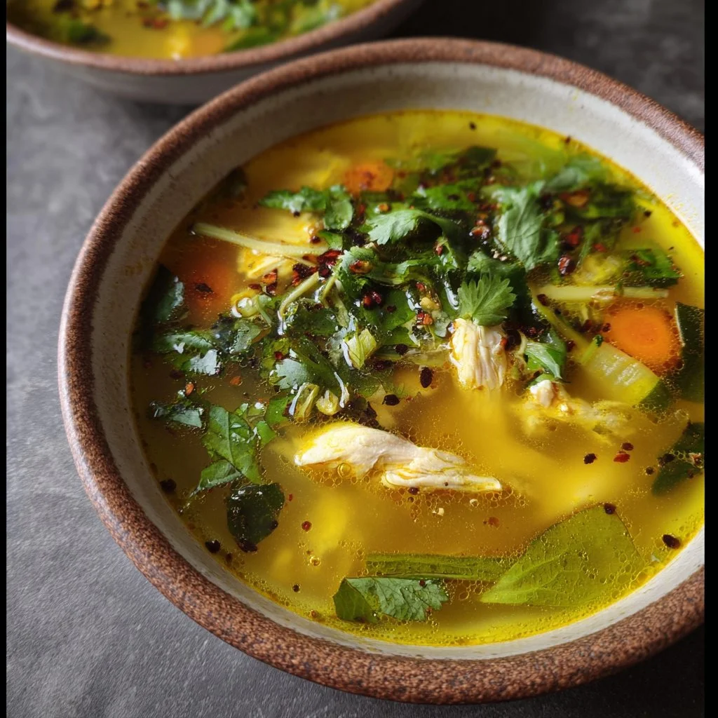 Bowl of immune boosting turmeric ginger chicken broth with fresh herbs.