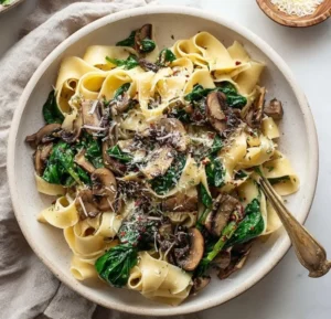 Delicious Mushroom Spinach Pasta dish garnished with fresh herbs