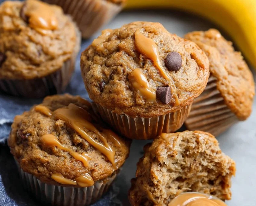 Delicious homemade Peanut Butter Banana Muffins on a wooden table