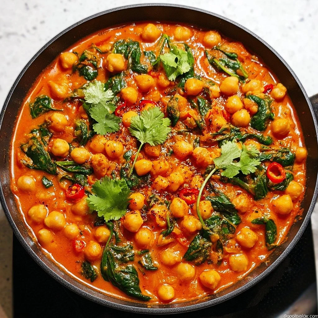 Protein-packed chickpea spinach curry served in a bowl