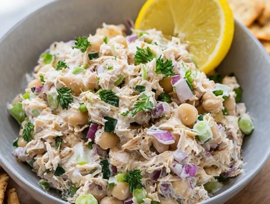 Creamy tuna chickpea salad served in a bowl with vegetables