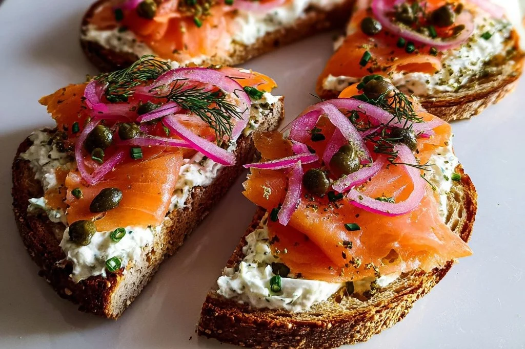 Savory smoked salmon toasts topped with fresh ingredients on a wooden platter.