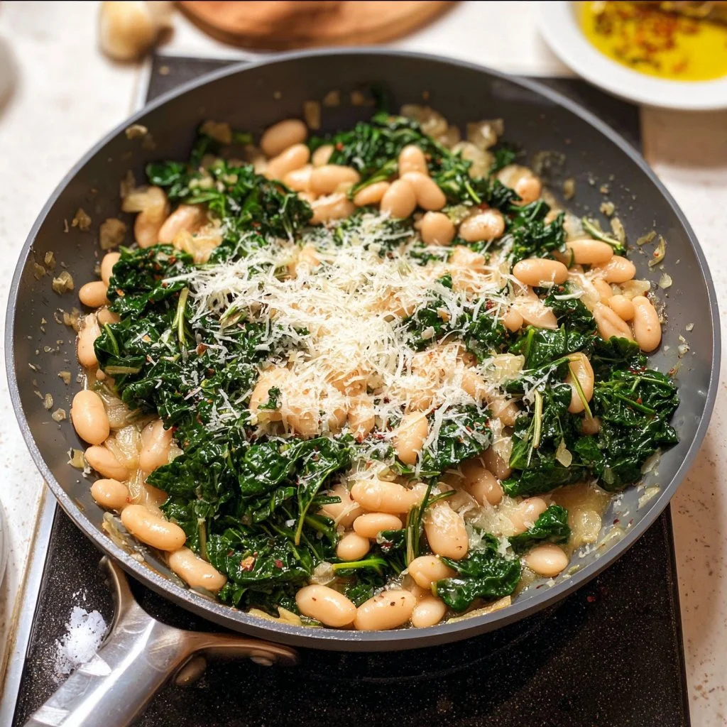 Skillet White Beans with Greens and Parmesan dish served in a skillet
