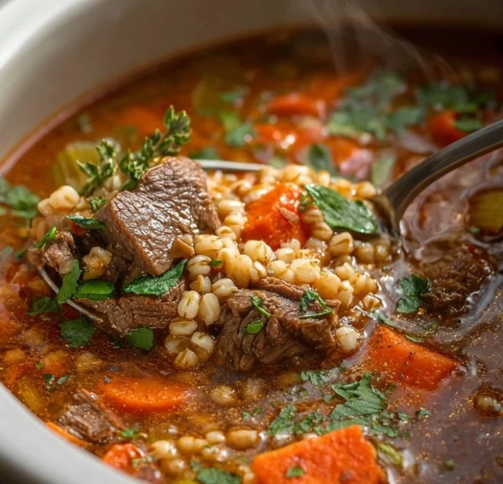 Bowl of slow cooker beef barley soup with fresh herbs and vegetables