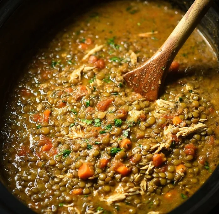 Slow cooker chicken and lentil soup in a bowl garnished with herbs