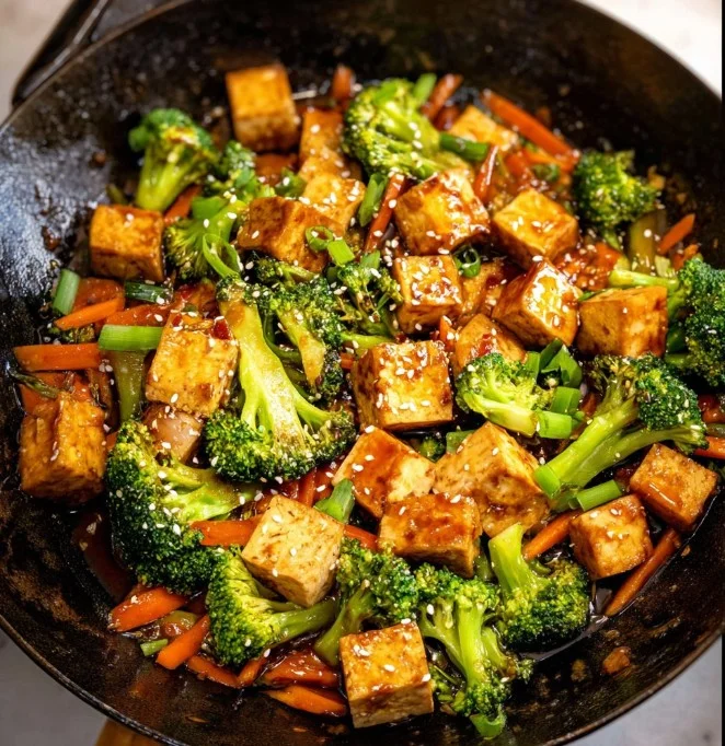 Tofu stir fry with fresh vegetables in sweet ginger sauce on a plate