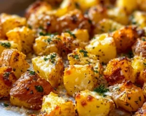 Cheesy ranch oven roasted potatoes served on a plate