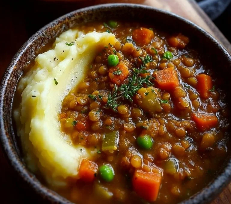 Bowl of comforting cozy lentil soup garnished with fresh herbs