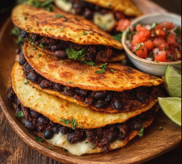 Crispy black bean tacos garnished with fresh veggies and avocado