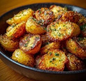 Crispy roast potatoes served on a plate, golden and delicious.