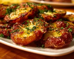 Crispy smashed red potatoes served on a plate with herbs and seasoning