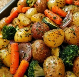 Delicious Garlic Herb Roasted Potatoes and colorful veggies on a plate.