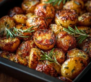 Garlic Herb Roasted Potatoes served in a bowl on a wooden table