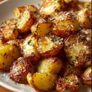 Bowl of crispy Garlic Parmesan Potatoes topped with fresh herbs.