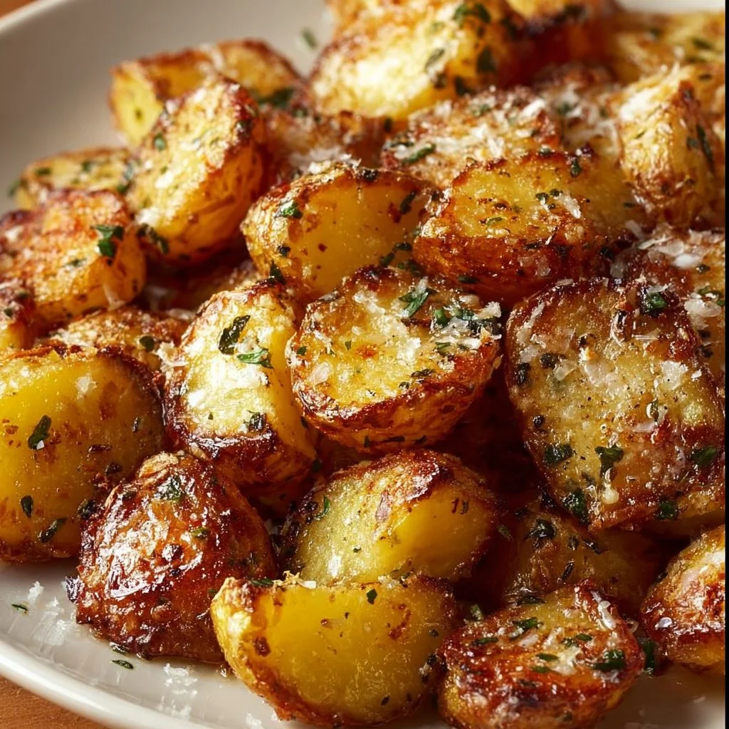 Bowl of crispy Garlic Parmesan Potatoes topped with fresh herbs.
