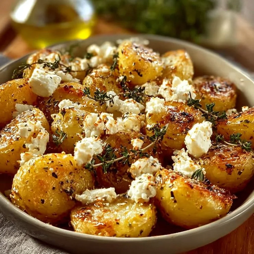 Delicious Greek feta roast potatoes served in a rustic dish