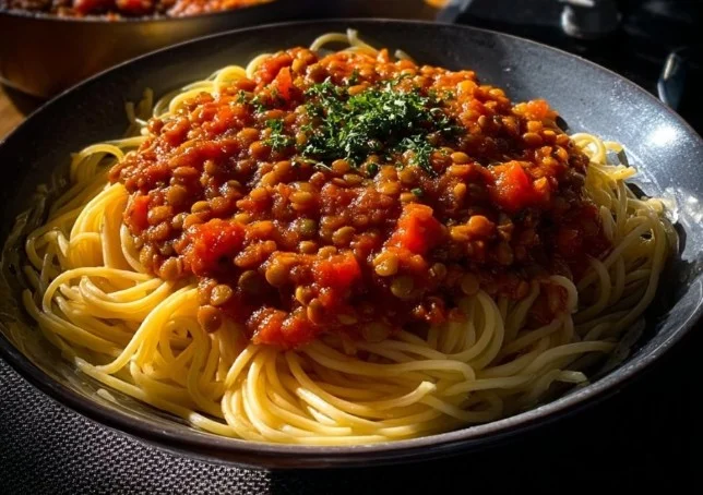 Hearty Lentil Bolognese dish rich in protein and flavor