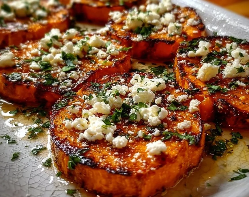 Baked Honey Feta Sweet Potatoes topped with crumbled feta cheese and honey.
